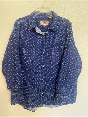 C.E. Schmidt Workwear Shirt Pearl Snap Blue White Polka Dot Western Long Sleeve